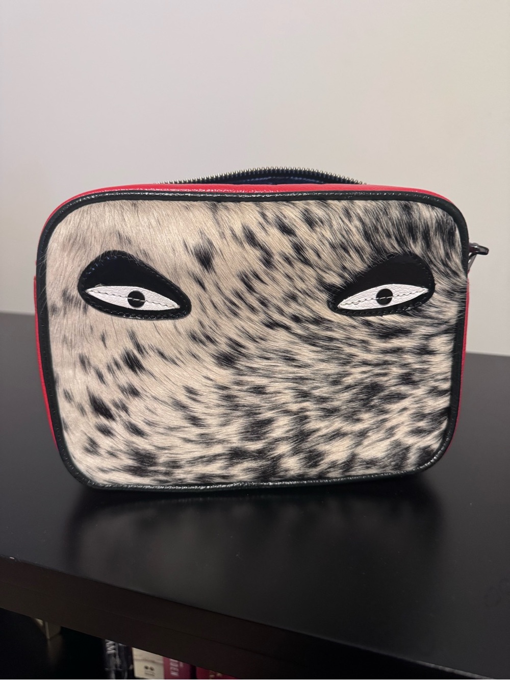 100% Leather Min and Mon Crossbody with red leather and fur details
